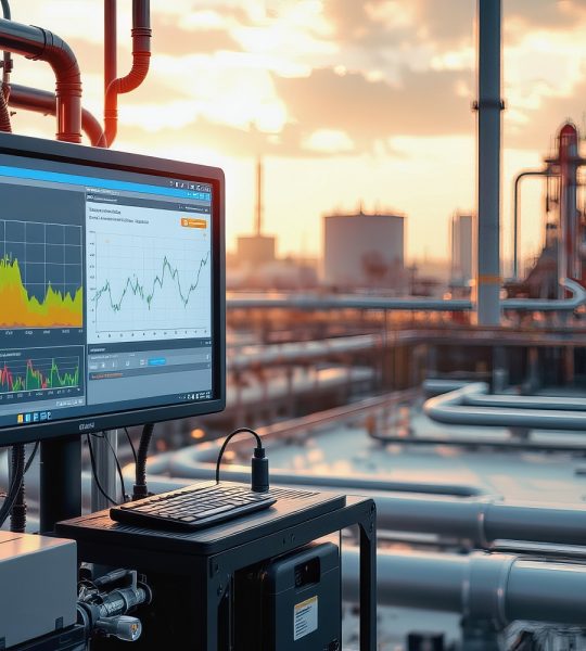 An industrial control system with data charts on screen at factory during sunset