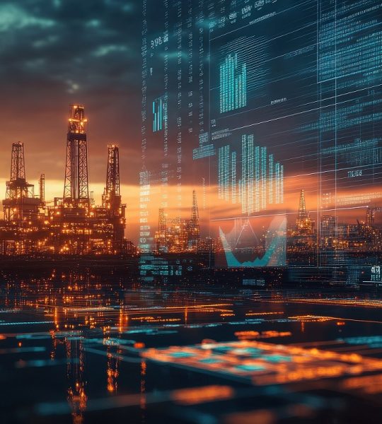 A double exposure image showing oil rigs in a field against a sunset backdrop, with superimposed financial graphs and digital data, signifying the rise of gasoline prices, the silhouettes of oil rigs blending seamlessly with fluctuating line charts and bar graphs, glowing data points and financial indicators overlapping the scene, warm hues of the sunset sky casting a golden glow on the rigs, cool blue and green digital data contrasting with the warmth of the natural setting, dynamic and thought-provoking mood representing the connection between natural resources and economic trends, photorealistic digital rendering, captured with high-definition clarity to emphasize the fusion of nature, energy, and finance --chaos 10 --ar 16:9 --raw --stylize 250 --v 6.1 Job ID: c6904881-23d2-46dd-87e6-07a71ff3cac2