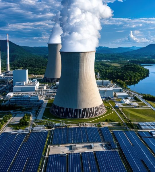 Large nuclear complex with cooling towers, solar panels, and river